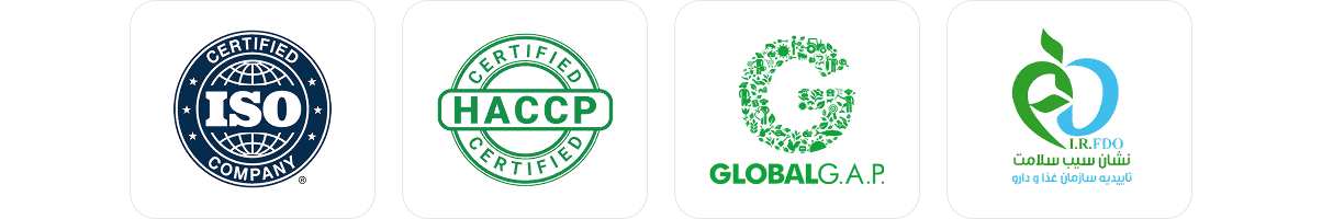 ISO, HACCP, GLOBALG.A.P., and Iran Food and Drug Administration certification marks