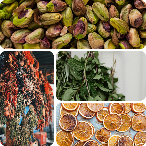 Iranian pistachios, dried fruits, herbs, and dried orange slices